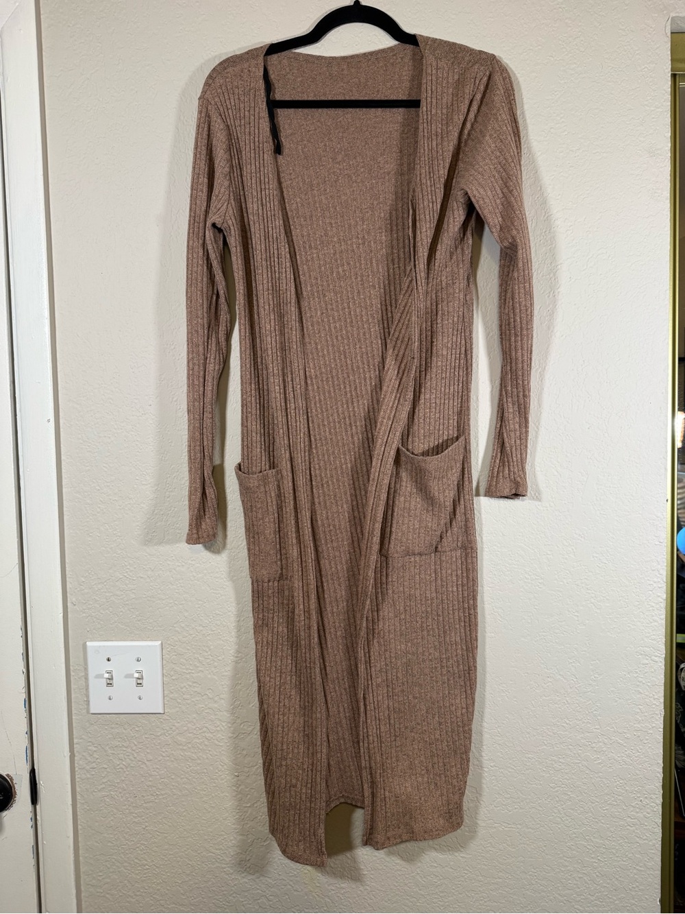 Long Ribbed Open Front Cardigan Dress Taupe Womens Large